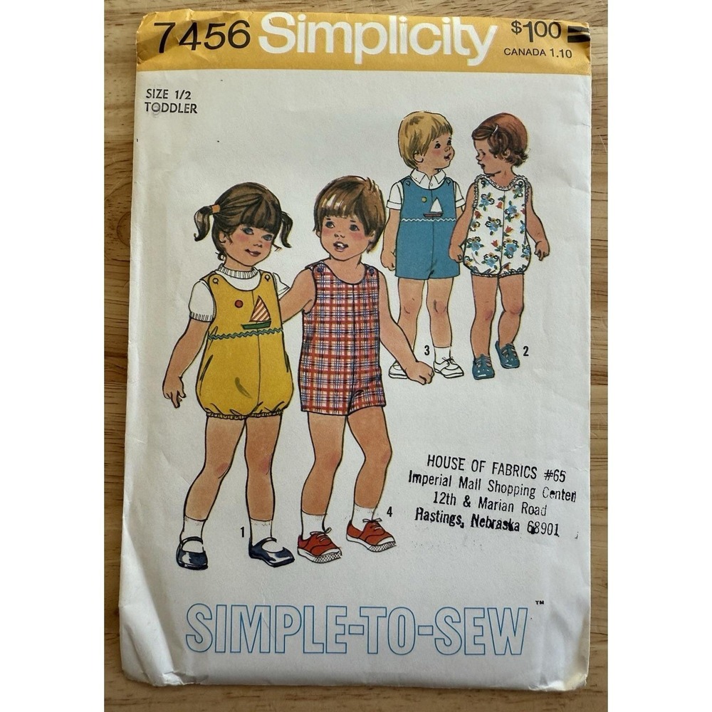 VTG Simplicity Simple-To-Sew Pattern 7456 Toddlers Short Jumpsuit Size 1/2 Uncut
